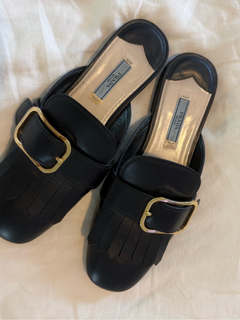Prada Black Leather Kiltie Fringe Buckle Slip-On Mules EUC - Picture 6 of 10
